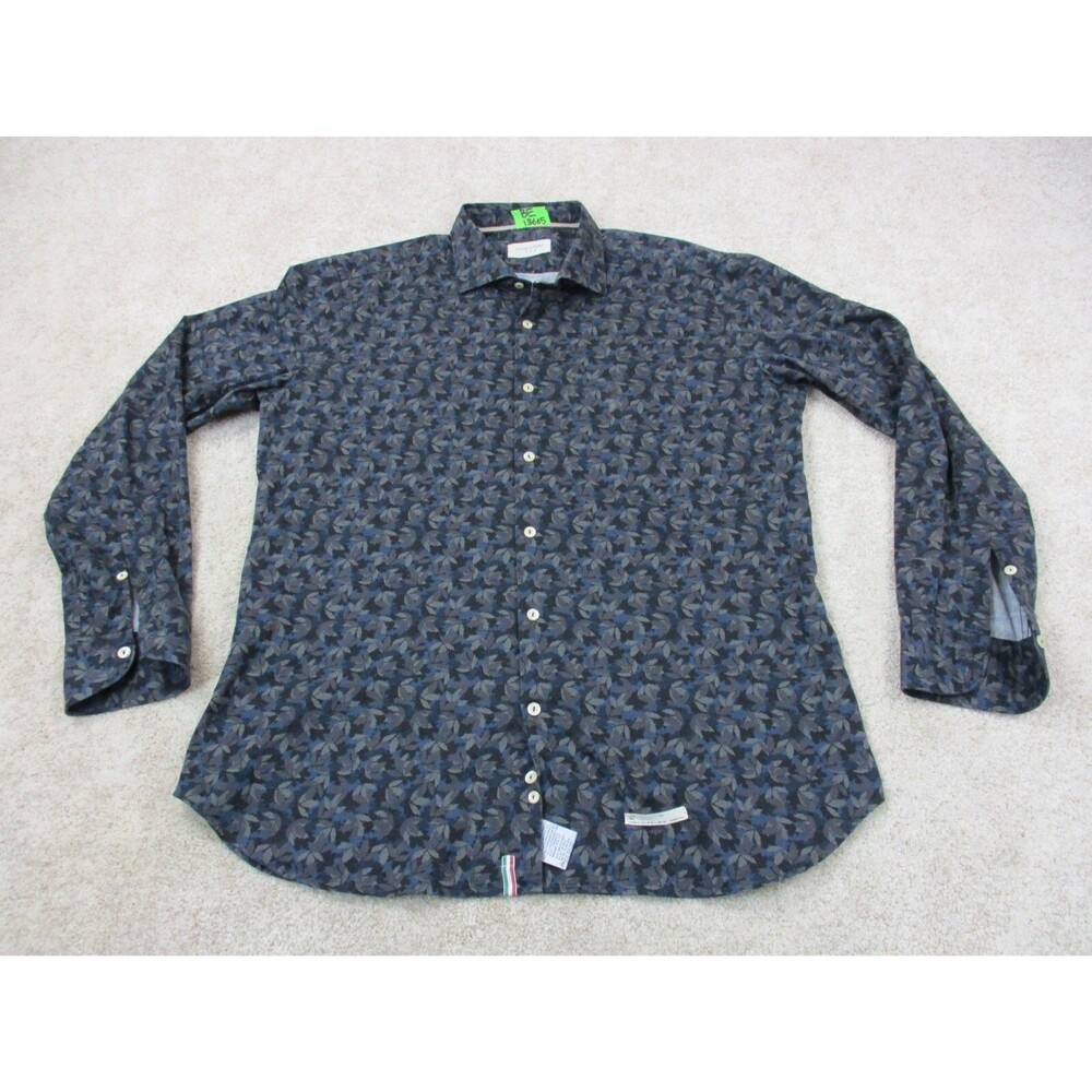 Tintoria Mattei 954 Shirt Mens 44 17.5 Slim Black Floral Long Sleeve Button Up